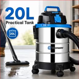 3-in-1 Nat- en Droogzuiger met Blaasfunctie en Stopcontact voor Elektrisch Gereedschap, 1250 W, 18 kPa, 20 L RVS Tank, voor Werkplaats, Garage en Auto — thumbnail 2