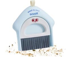 Stofpan met Bezem - Mini Schoonmaakset - Bureau Reinigen - Staat Rechtop - 18.5 x 17 cm - Blauw