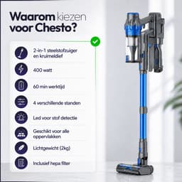 Chesto T1 Steelstofzuiger Draadloos 400W – 35.000 Pa – Ultralicht – LED-zuigmond – 3 Opzetstukken — thumbnail 2