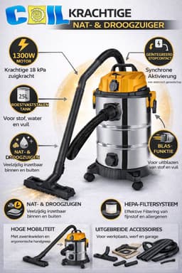 COIL Nat- en Droogzuiger - 1300W - 25L - met Stopcontact, Blaasfunctie en HEPA-filter – Krachtige Industriële Stofzuiger voor Werkplaats en Bouw - 220-240 V - 18 kPa — thumbnail 4