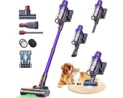 Draadloze Steelstofzuiger 55KPa - Krachtige 600W Stofzuiger - Tot 75 Min Gebruiksduur - Met Matrasborstel LED-Display en Wandlader