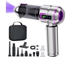 REDOM Stofzuiger met krachtige zuigkracht 16.000 Pa – Draadloze handstofzuiger – 3 standen – Zuigen, blazen, opblazen en leeglopen – LED-display – Auto en huis – Zilverpaars