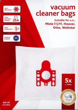 Vacustock - AM-01 - stofzuigerzakken geschikt voor o.a Miele F/J/M, Hoover, Otto, Weltstar. Doos 5 zakken en 1 filter — thumbnail 1