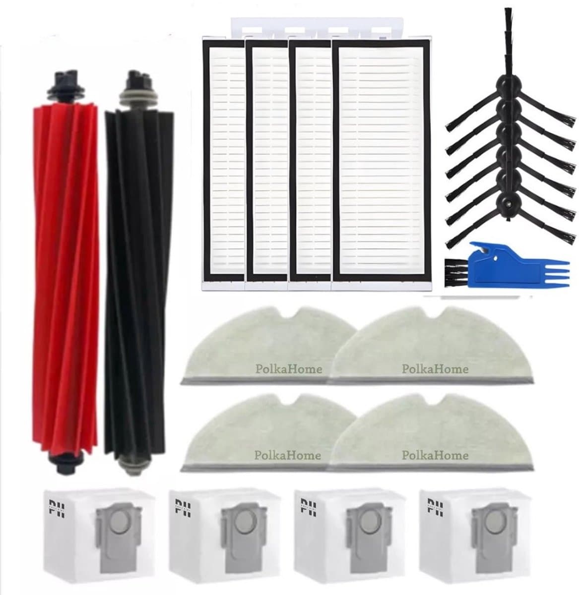 PolkaHome Complete accessoireset geschikt voor Roborock Q8 Max+/Q8 Max/Q5 Pro+/Q5 Pro robotstofzuiger – Inclusief 2 hoofdborstels, 4 HEPA-filters, 4 reinigingsdoeken, 6 zijborstels, 4 stofzakken en een schoonmaakborstel — afbeelding 1