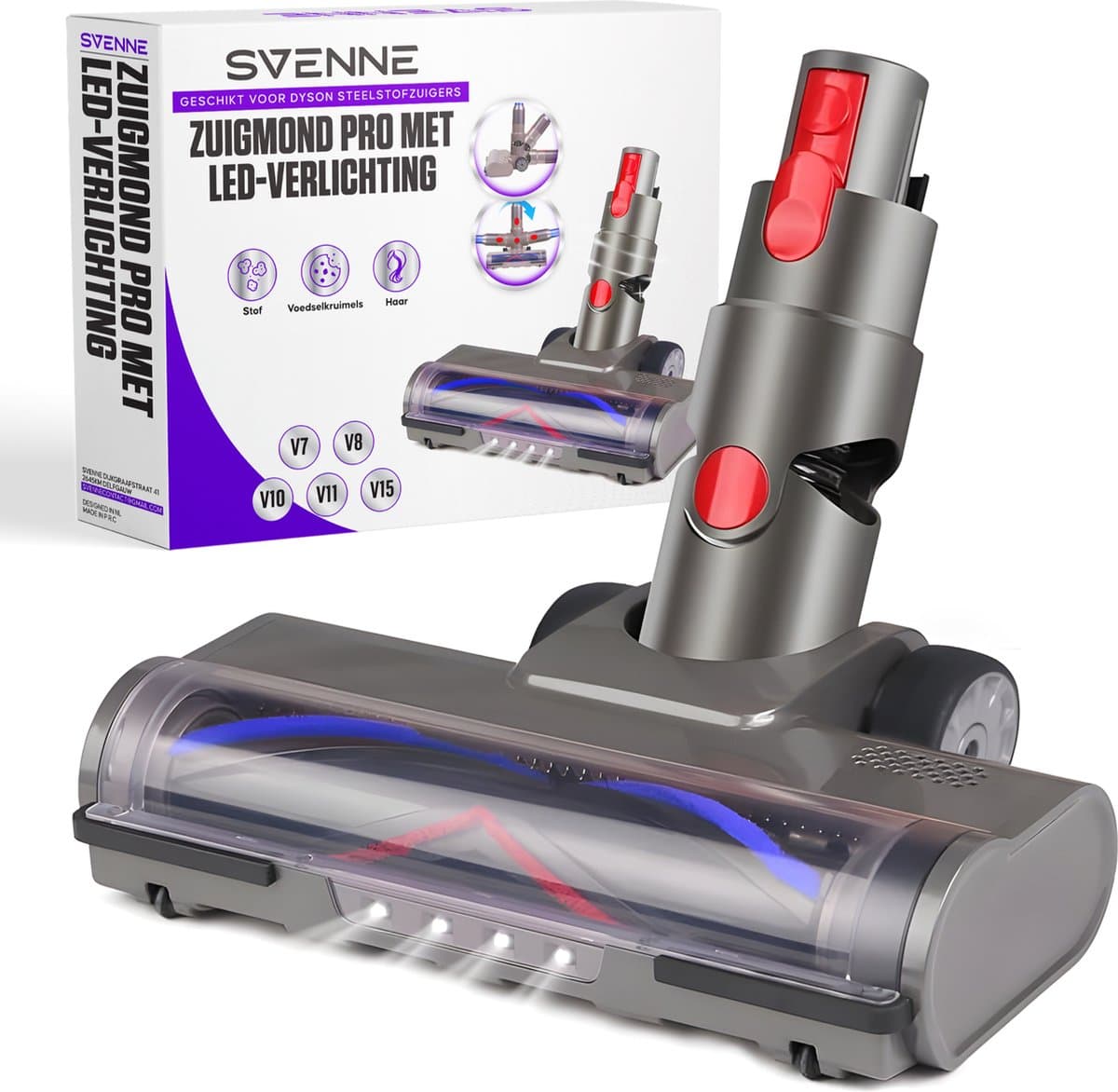 SVENNE® Zuigmond Pro met LED Verlichting geschikt voor Dyson V15 / V11 / V10 / V8 / V7 - Mondstuk Parketborstel Accessoires en Onderdelen voor Steelstofzuiger - Opzetstuk Borstel - Wasbaar — afbeelding 1