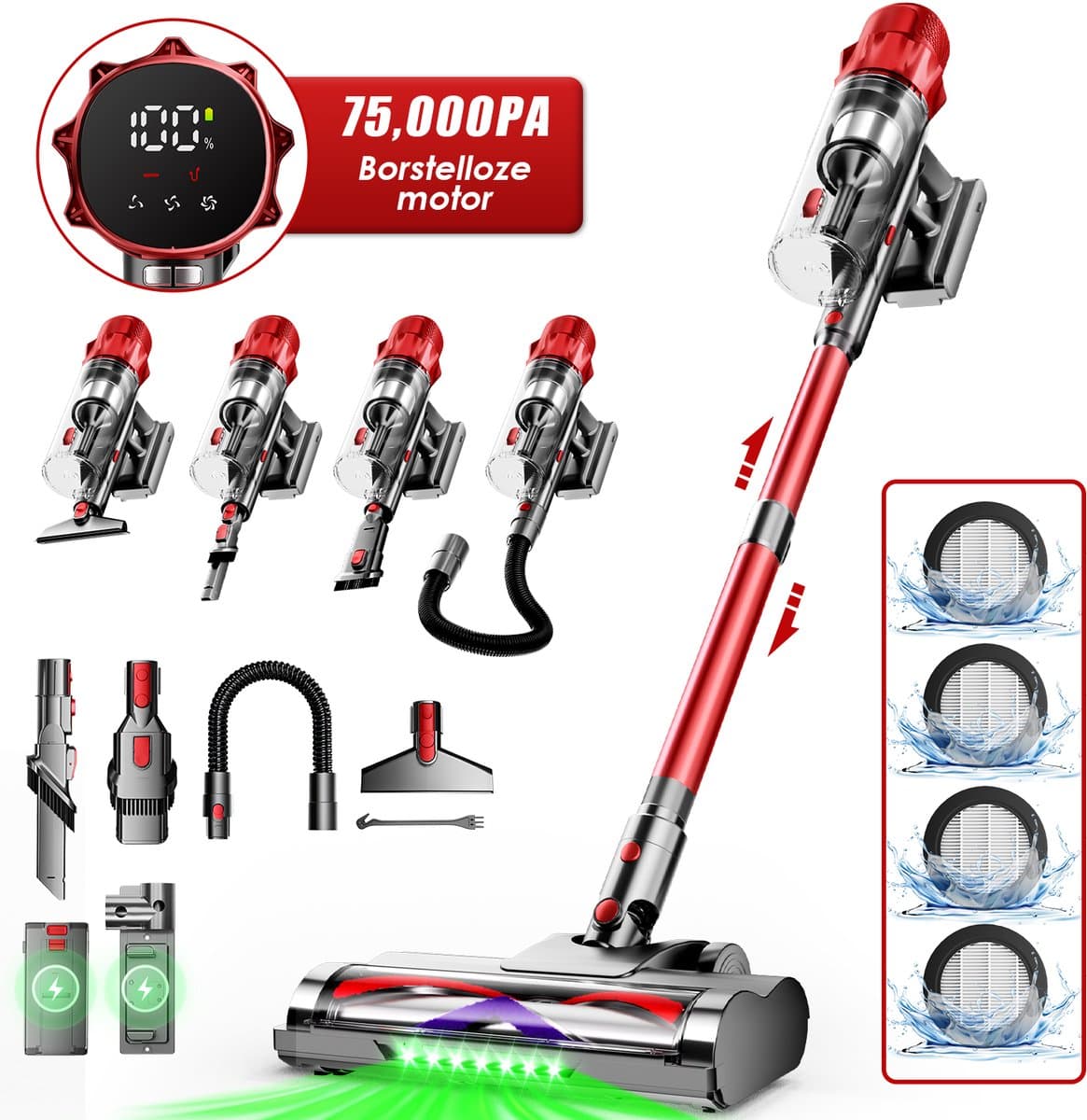 Hiaonyx steelstofzuiger - 9-in-1 steelstofzuiger draadloos - 75000pa - Met dierenborstel - LED Groene Stofdetectielamp - Geschikt voor Tapijten - Harde Vloeren en Dierenharen - 2-liter stofopvangbox - Rood — afbeelding 1