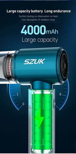 Szuk Draadloze Auto Stofzuiger - Krachtige Reinigingsmachine - Vacuum Zuiger - Accessoires - Draadloze Reiniger - Sterke Zuigblazer - Turquoise - Met 9 Opzetstukken - — thumbnail 5