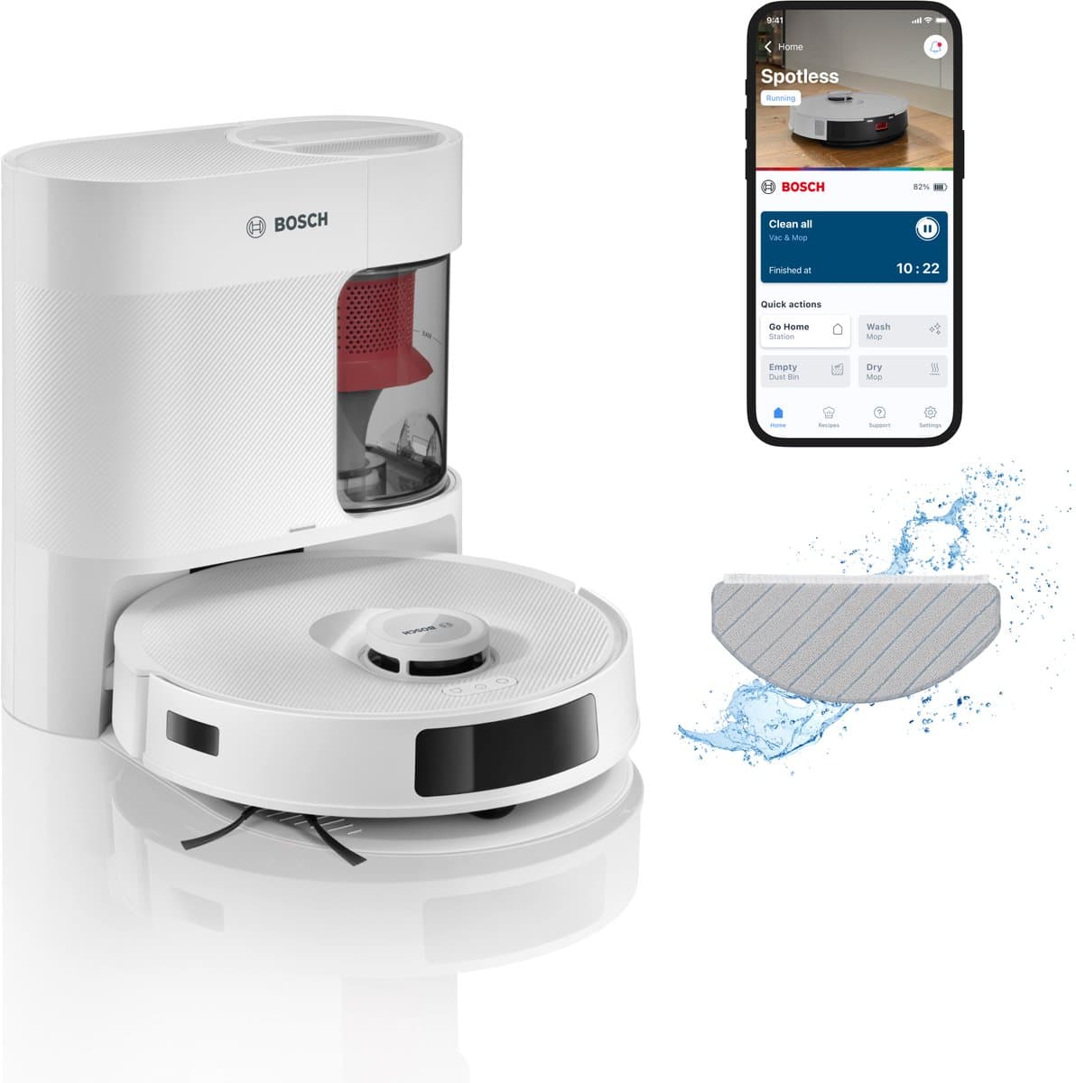 Bosch Spotless + BCRD1W Robotstofzuiger met Dweilfunctie, 11,000 Pa Zuigkracht, Statische natte dweil, Droog servicestation, Smart Vision Infrarood Navigatie, Bosch Home Connect App, Wit — afbeelding 1