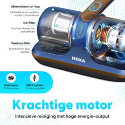 Roxa Huisstofmijt Stofzuiger - UV Lamp Sterilisator - Matras, Tapijt, Meubel, Zetel & Bank Reiniger Apparaat - Kruimeldief snoerloos best verkocht - Bacterie, Mijt & Schimmel Bestrijder - Zonder Zak - USB Opladen - Blauw - 2025 — thumbnail 5