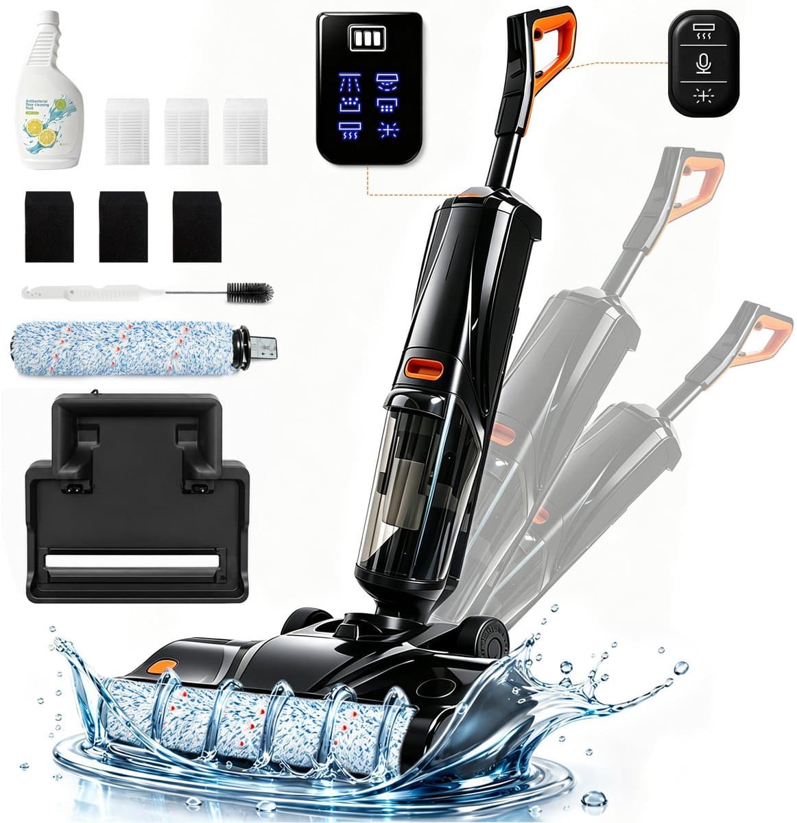 Grenintol Vloerreiniger – Nat en Droog Stofzuiger – 15kPa – 180° Platliggend – Stofzuiger met dweilfunctie – Zelfreiniging met Geëlektrolyseerd Water – Automatische Droging – Dubbelzijdige Randreiniging – 35 Min Accuduur – Oranje — afbeelding 1