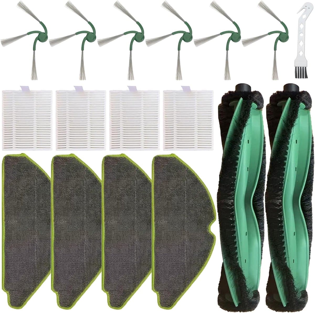 Vervangingsonderdelen, compatibel met iRobot Roomba 115 Combo / 115 Combo+ robotstofzuigers: 2 rolborstels, 4 filters, 4 dweilpads, 6 zijborstels, 1 reinigingsborstel, 17 stuks. — afbeelding 1