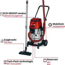 Einhell Accu Nat-/Droogzuiger TE-VC 36/30 Li S Solo - Power X-Change - 36 V/Li-Ion - 30 L - ECO/BOOST-modus - 100/150 mbar - Blaasfunctie - Premium zuigslang - Incl. 8-delige Accessoireset - Excl. accu en lader — thumbnail 2