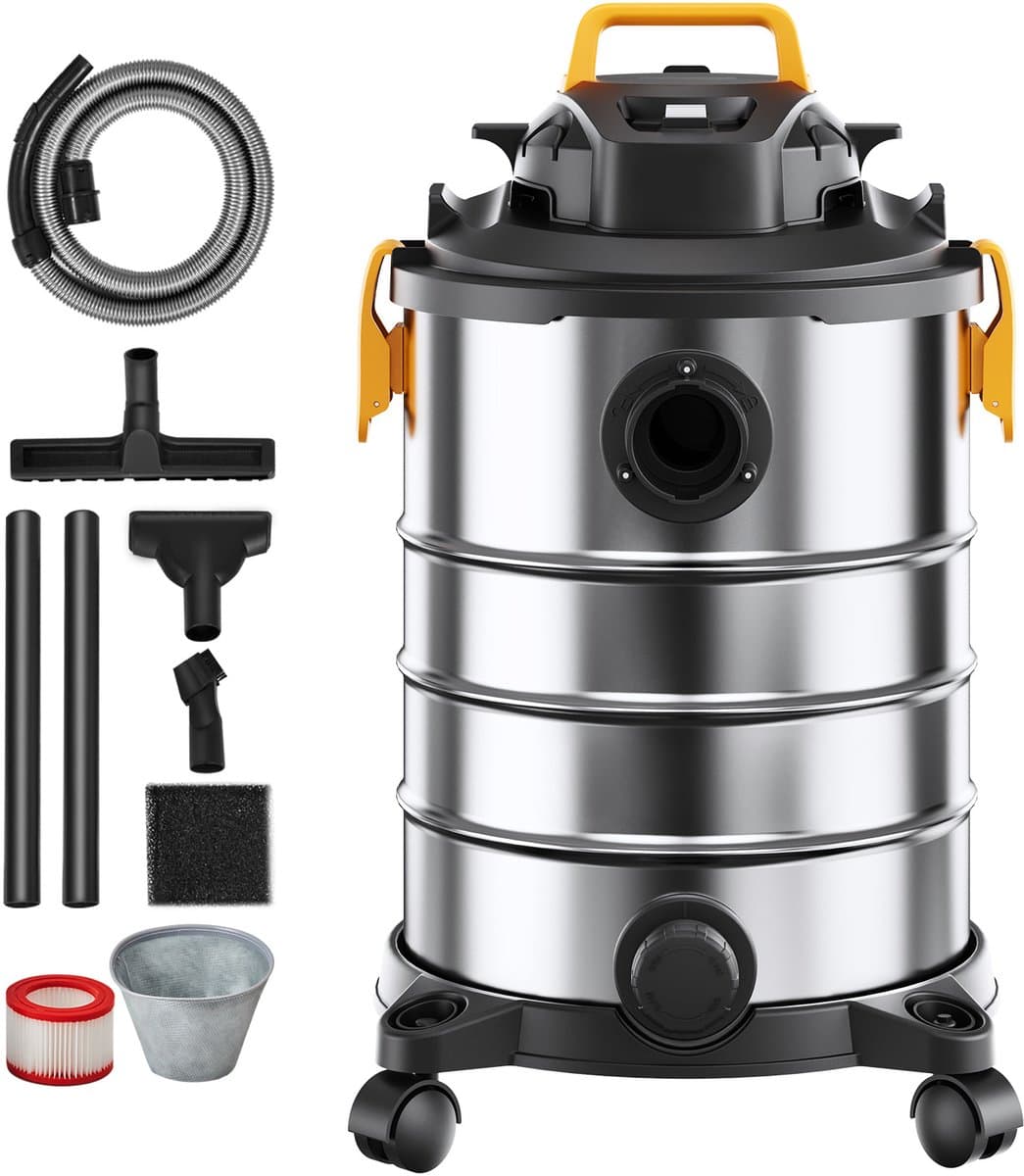 Nat-/droogzuiger voor werkplaatsen, 30 l, 6 pk, roestvrij staal, krachtige zuig- en blaasfunctie, draagbaar met opzetstukken, ideaal voor tapijten en vuil, zilver + zwart — afbeelding 1