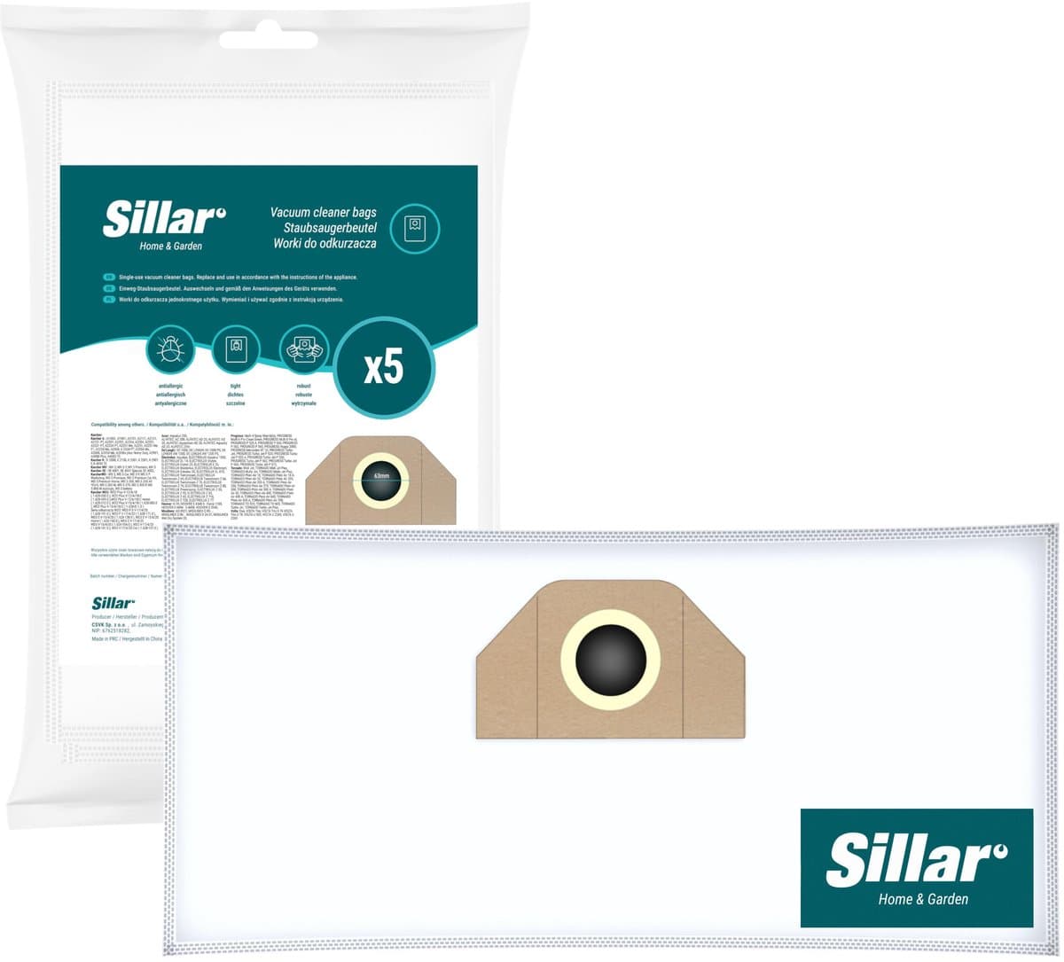 Sillar stofzuigerzakken, synthetisch, 3 lagen filtering, 5 stuks + wasbaar filter met stekker, F8, vervangers voor Karcher series A, K, WD, SE, MV, WD2, WD3 — afbeelding 1