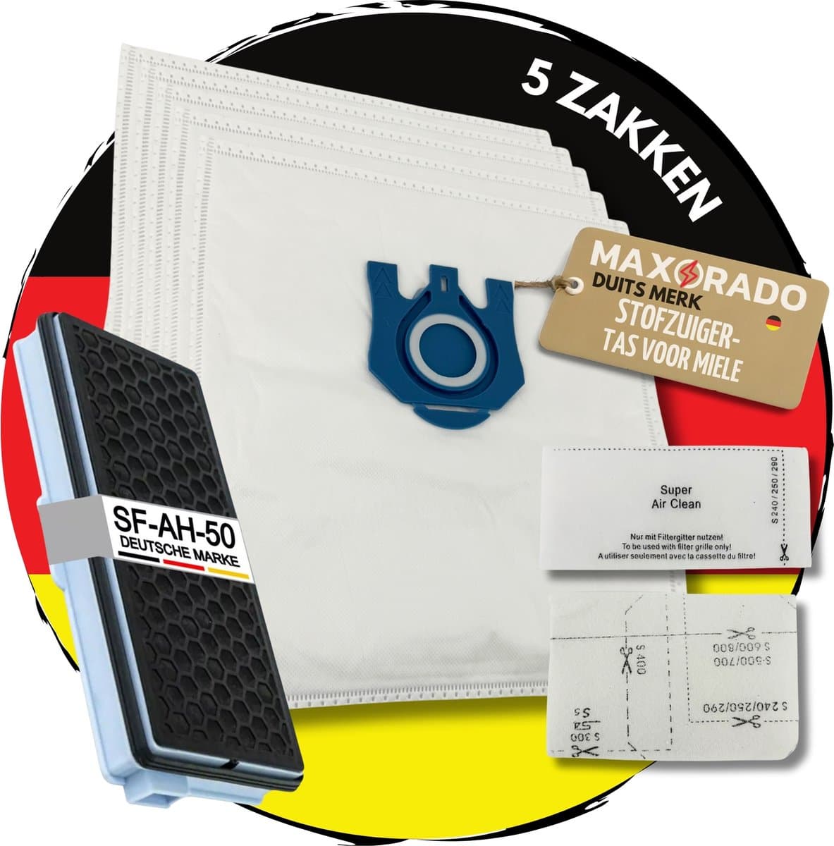 Maxorado Stofzuiger Set 8-delig – 5 Zakken + 1 Hepa + 1 Uitblaas + 1 Motor Filter - geschikt voor Miele C3, C2, S8340, S8430, S8310, S8360, S8, S5, S5211, S5210, S8460 — afbeelding 1