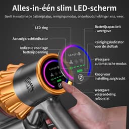 RAYOFI - Steelstofzuiger - Draadloze stofzuiger - 70000 PA zuigkracht - LED-display - Zakloos-werkt op batterijen - Geschikt voor dierenharen - Wordt geleverd met 4 verschillende opzetstukken - 3 zuigstanden - Anti-klit vloerborstel - 1,8 liter -Goud — thumbnail 2