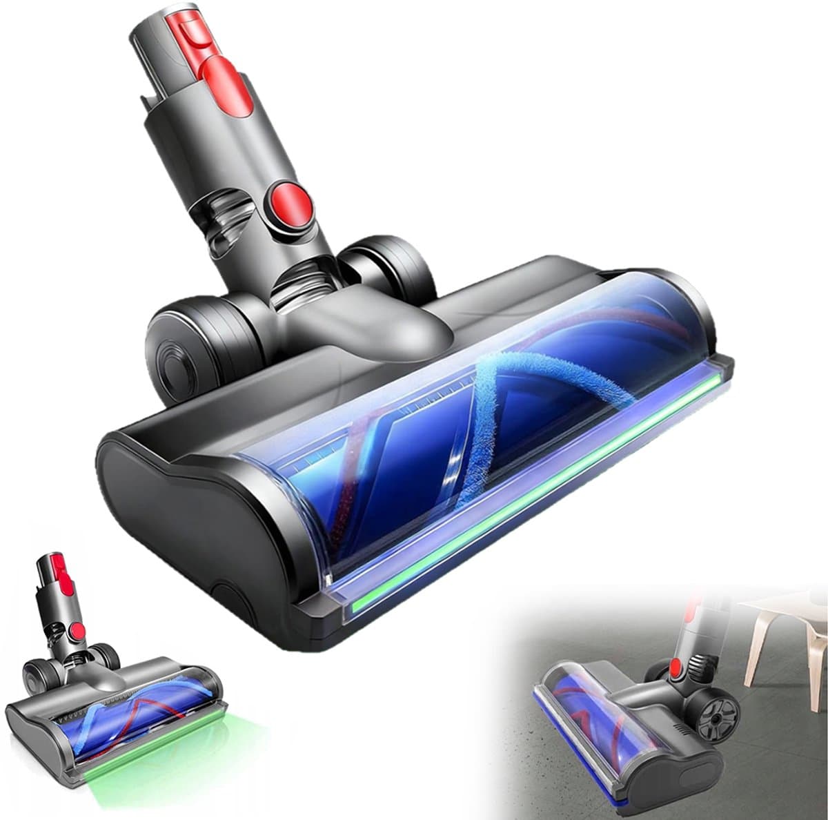 Globale stofdetectieborstel met groen licht - Vloerzuigmond - Compatibel met Dyson V15, V11, V10, V8 en V7 draadloze stofzuigers + leshp001 - Turboborstel - Stofzuigeraccessoires - Grijs — afbeelding 1