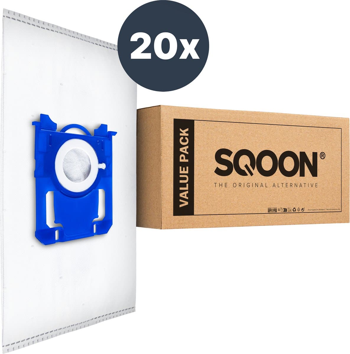 SQOON® Stofzuigerzakken - 20 Stuks - Geschikt voor AEG, Philips, Electrolux, Standaard BAG - Passend in o.a. AEG VX4, VX6, VX8, 6000 serie, GR201 of Philips Active, PowerPro, PerformerPro, PH99, FC8021/03, FC8021/05 — afbeelding 1