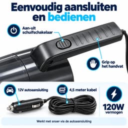 Autostofzuiger - Kruimeldief - 12V 120W - Nat en droog - Met slang, borstel en mondstuk - Zwart — thumbnail 2