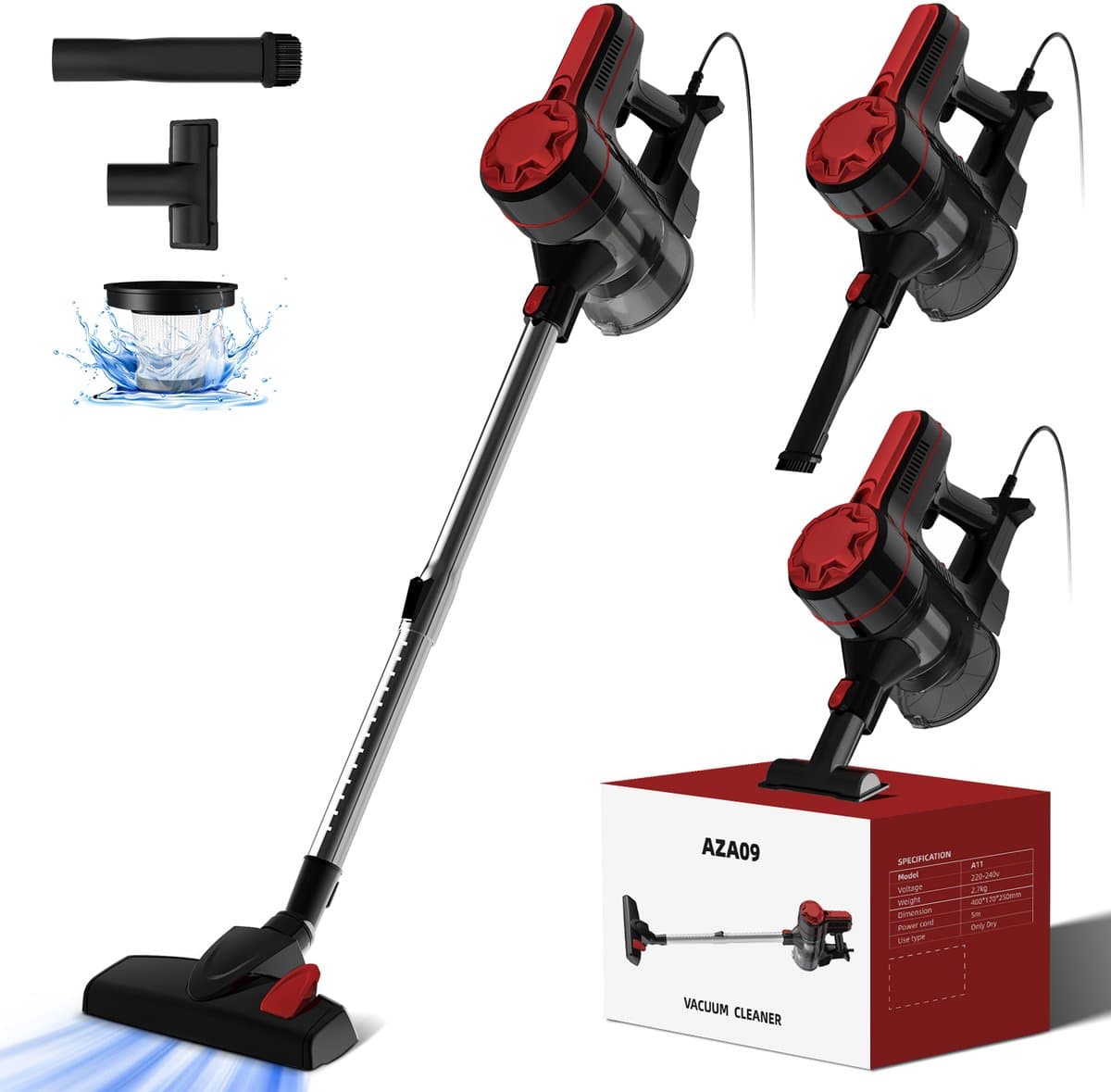 Elekiatech Steelstofzuiger - 5m Snoer - 25000Pa - 4 In 1 HEPA Filter - 1.3L Capaciteit Rood — afbeelding 1