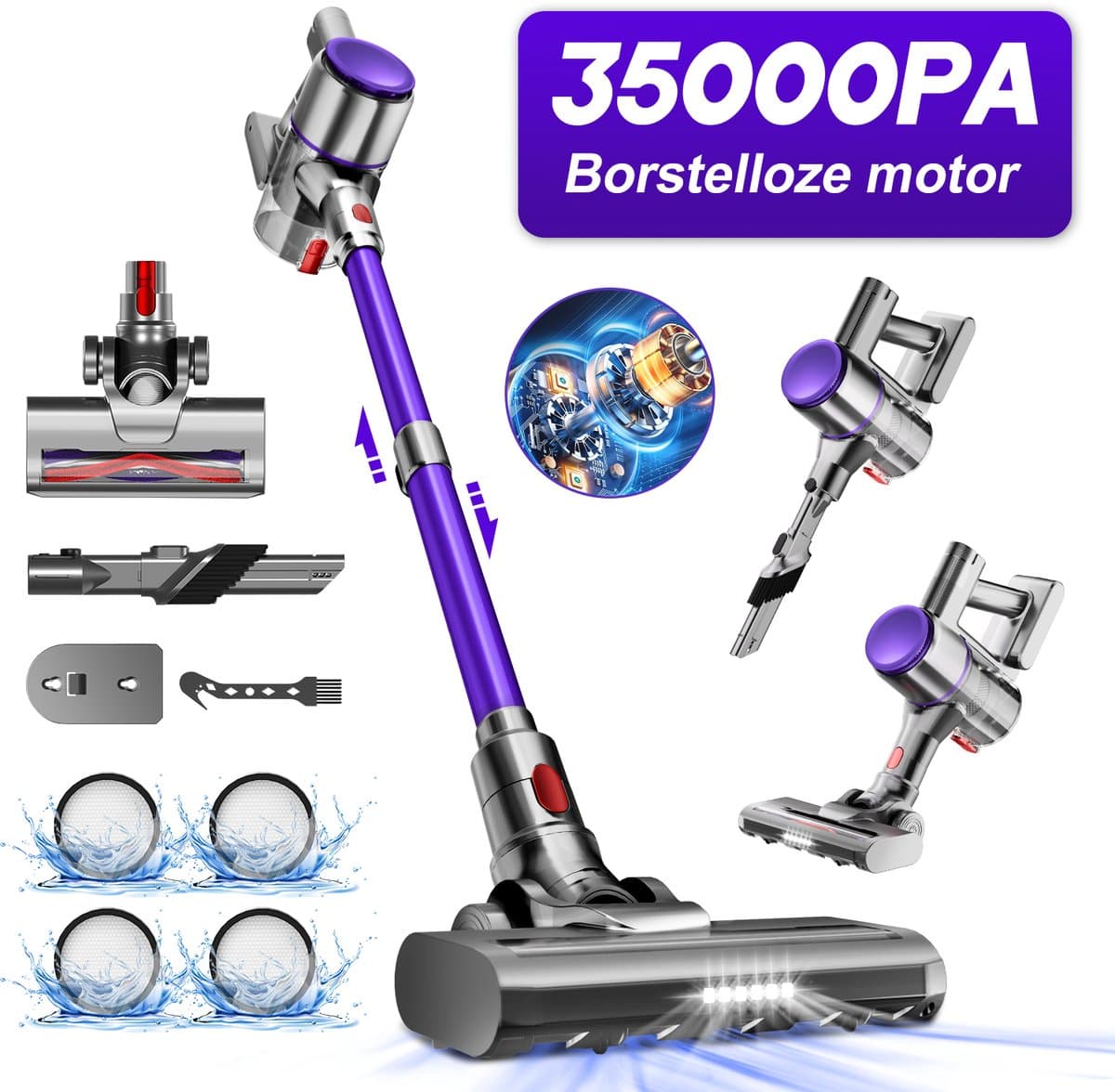Elekiatech Steelstofzuiger-35000Pa-Steelstofzuiger Draadloos-2200 mAh Accu-50 Minuten-1,5 L Stofbak-voor Tapijten en Harde Vloere - Paars — afbeelding 1