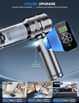 Handstofzuiger draadloos -4-in-1 Auto stofzuiger - Zuigen & Blazen - Kruimeldief - LCD-scherm en borstelloze motor; geschikt voor auto, kantoor en huisdierhaar - Zilver — thumbnail 4