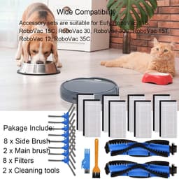Vervangende onderdelen geschikt voor Eufy RoboVac 11S, 15C, 30, 30C, 12, 35C robotstofzuiger, accessoireset 8 zijborstels, 2 hoofdborstels, 8 filters, 2 reinigingsgereedschappen (18 stuks) — thumbnail 4
