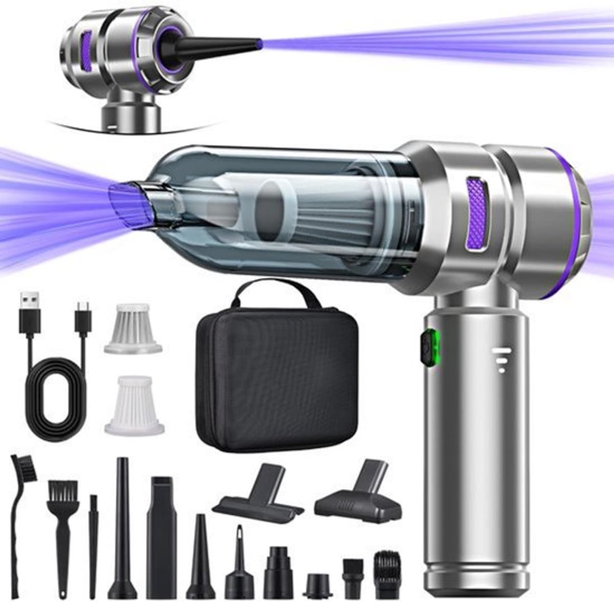 4-in-1 handstofzuiger, accu, sterke autostofzuiger, 25000 Pa, handstofzuiger, draadloos, 3 versnellingen, 220.000 omw/min, elektrische stofblazer, persluchtspray voor auto, keuken, pc, bank, kantoor — afbeelding 1