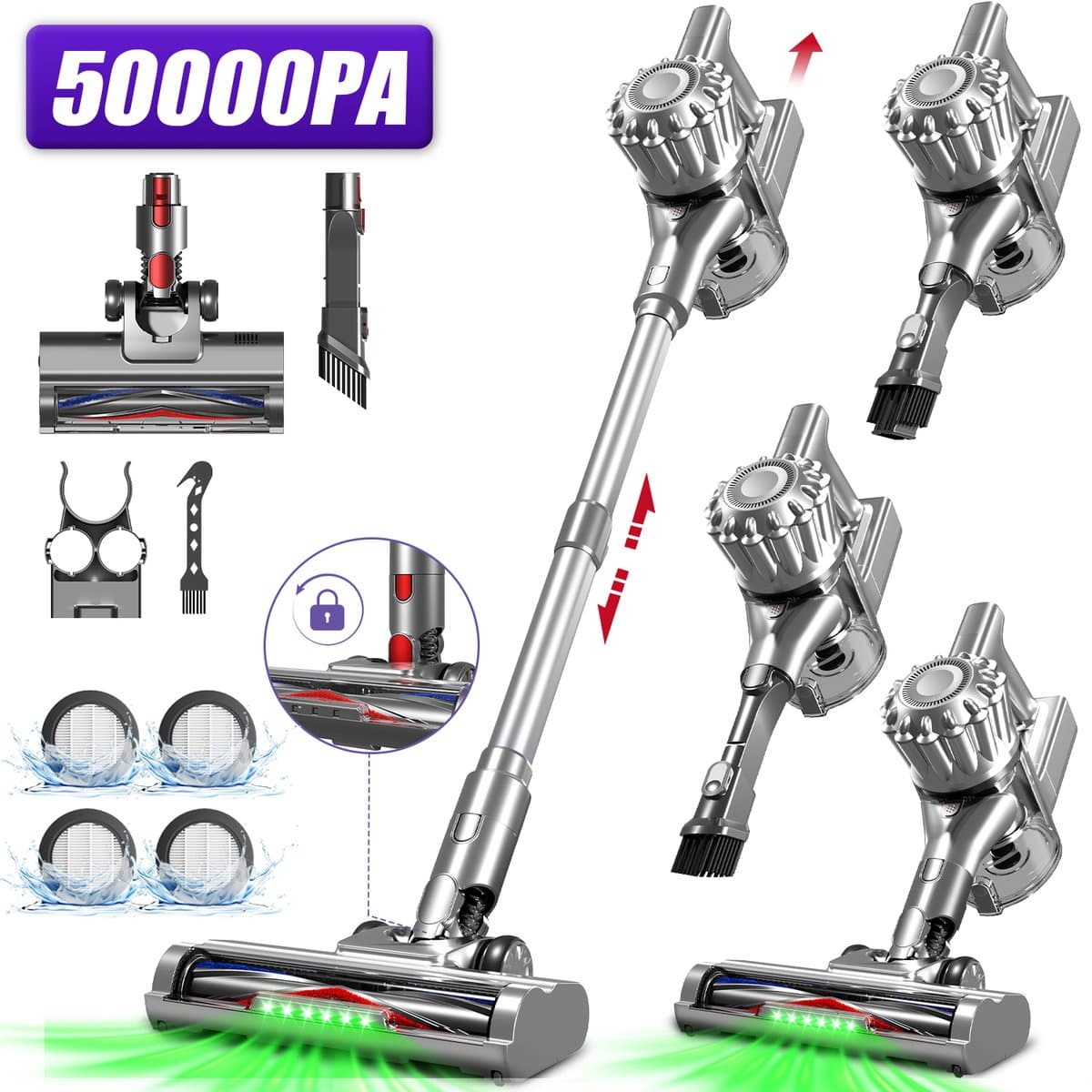 Adormii Steelstofzuiger Draadloos – 50 kPa Sterke Zuigkracht – Tot 60 Min Accuduur – Anti-haarwikkel Vloerborstel – 4 HEPA-filters – 1,6 L Stofreservoir – Groene LED Stofdetectieverlichting – Zilver — afbeelding 1