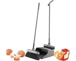 Bezem en Stofschep Set - Reinigingsset Vegen - Huis Schoonmaken - Roestbestendig Metaal - 3 Delig - Grijs