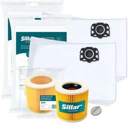 Sillar Stofzuigerzakken synthetisch, 8 stuks + 1x stofzuigerfilter versterkt met gaas - met bevestigingsplug - set voor stofzuigers - compatibel met Karcher WD1 WD2 WD3 WD3.200 KWD1 KWD2 KWD3 SE4 SE4001 SE4002 - vervangers — thumbnail 1