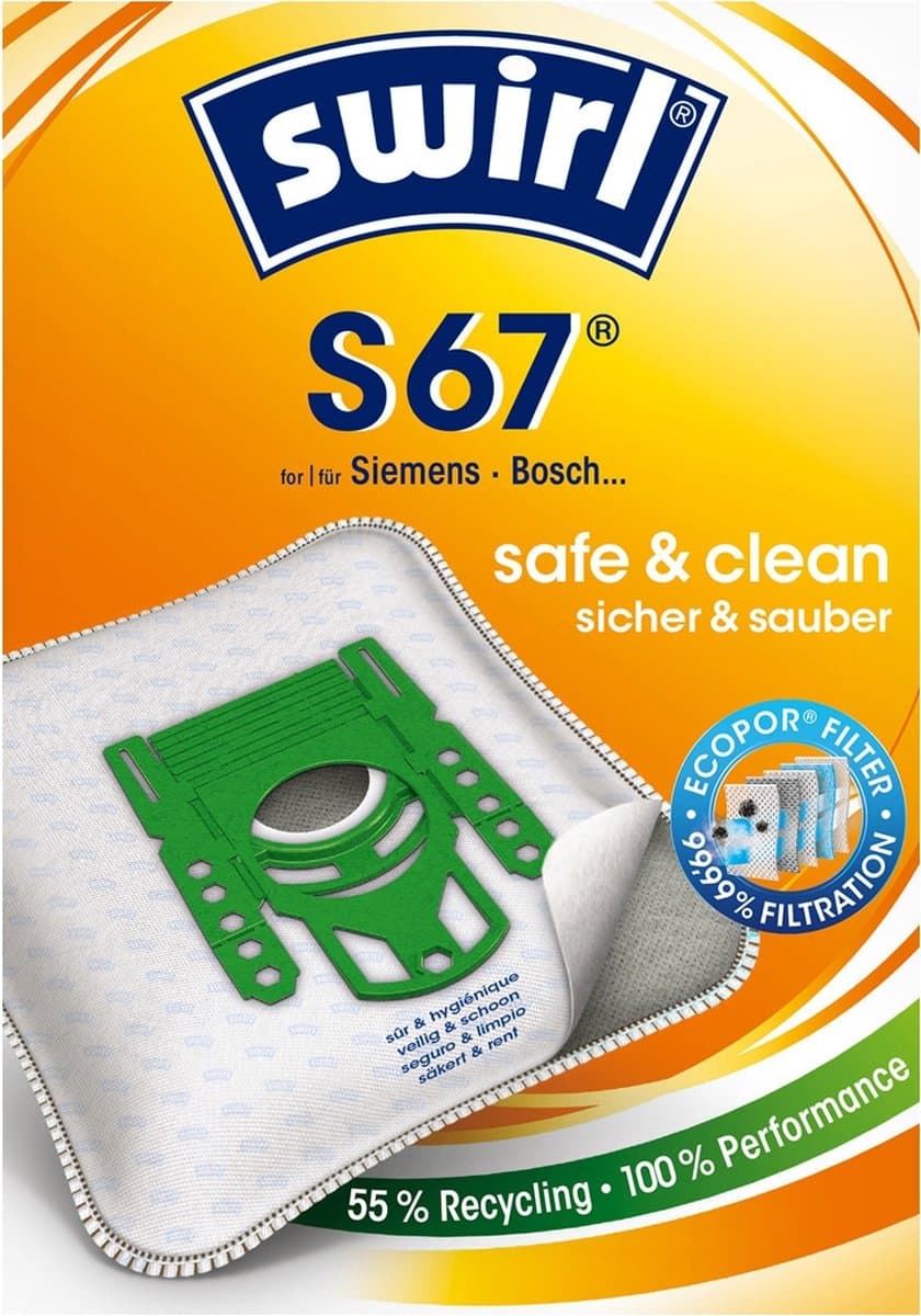 SWIRL - Stofzuigerzak S67 - 10 stofzakken + 2 filters + 2 deo - geschikt voor stofzuigers van Siemens en Bosch — afbeelding 1