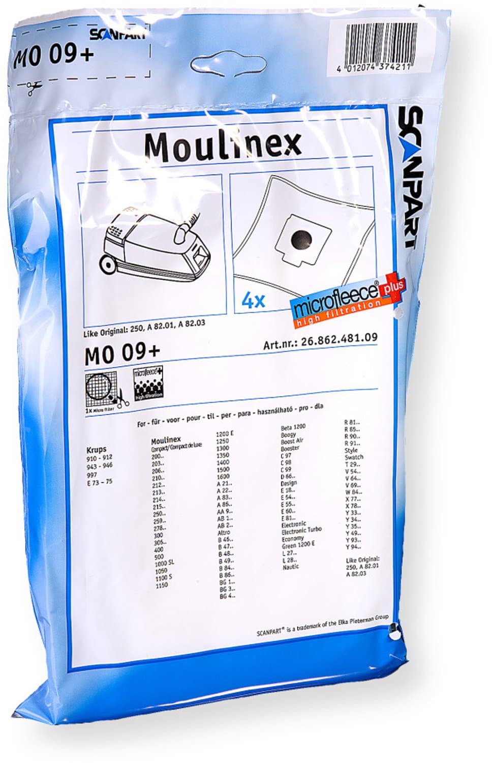 Scanpart stofzuigerzakken 4 stuks - Geschikt voor Moulinex Compact - 250 A8201 A8203 - Inclusief 1 filter - Alternatief — afbeelding 1