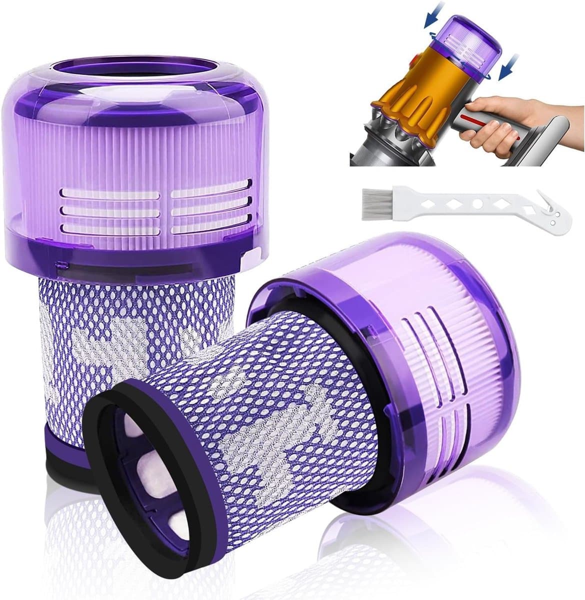 2-pack V12-filters - vervangingsfilters voor Dyson V12 Detect Slim Absolute Extra/Total Clean/Fluffy stofzuigers - SV34 - SV35 stofzuigers - wasbaar HEPA-filter met 1 borstel - onderdeelnummer 971517-01 — afbeelding 1