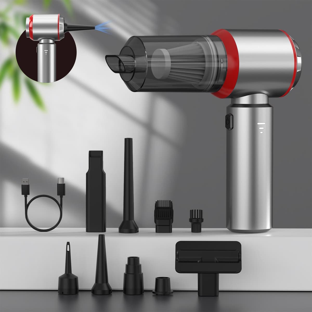 4‑in‑1 draadloze oplaadbare handstofzuiger, 16000PA sterke draagbare autostofzuiger met borstelloze motor, compacte mini stofzuiger in zilver, voor auto, thuis, kantoor en kamperen（rood） — afbeelding 1
