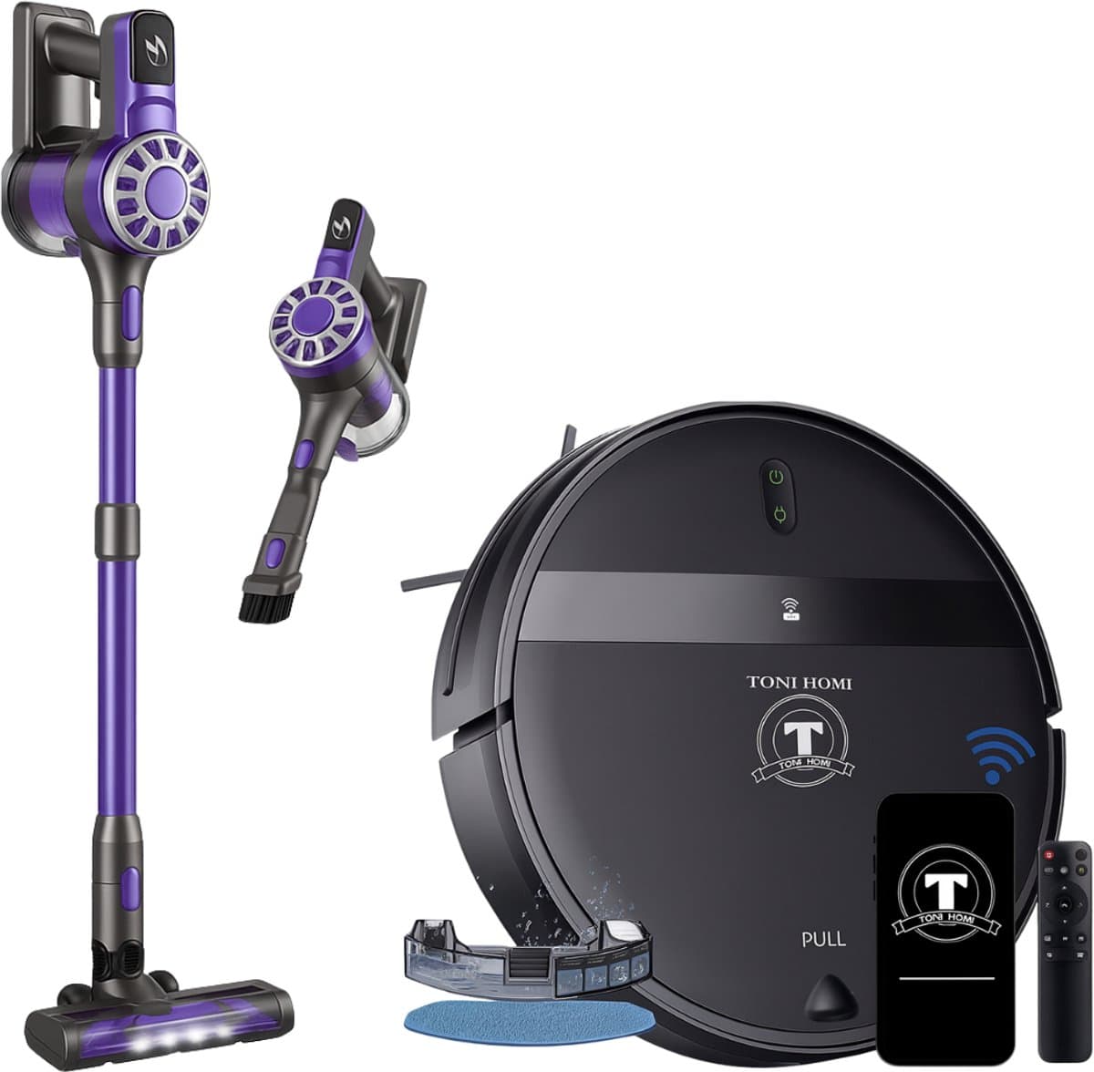TONIHOMI® G20 + V07 - Combi deal Robotstofzuiger met dweilfunctie en steelstofzuiger - Automatisch opladen - Robotstofzuiger met app - Robotstofzuiger huisdieren - Dweilrobot - Zwart — afbeelding 1