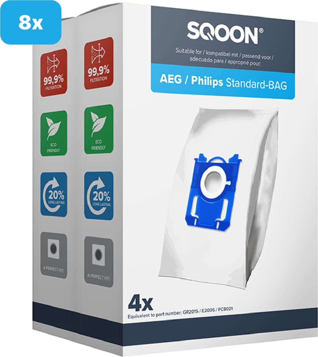 SQOON® Stofzuigerzakken - Geschikt voor AEG (VX8.2 Silence, VX7, VX6, GR201S, GR201M), Philips (3000 Series, Power Go, Performer) en Electrolux (Standard Bag, XXL130, Ergospace) - Hoogwaardige Kwaliteit! - 8 stuks — afbeelding 1