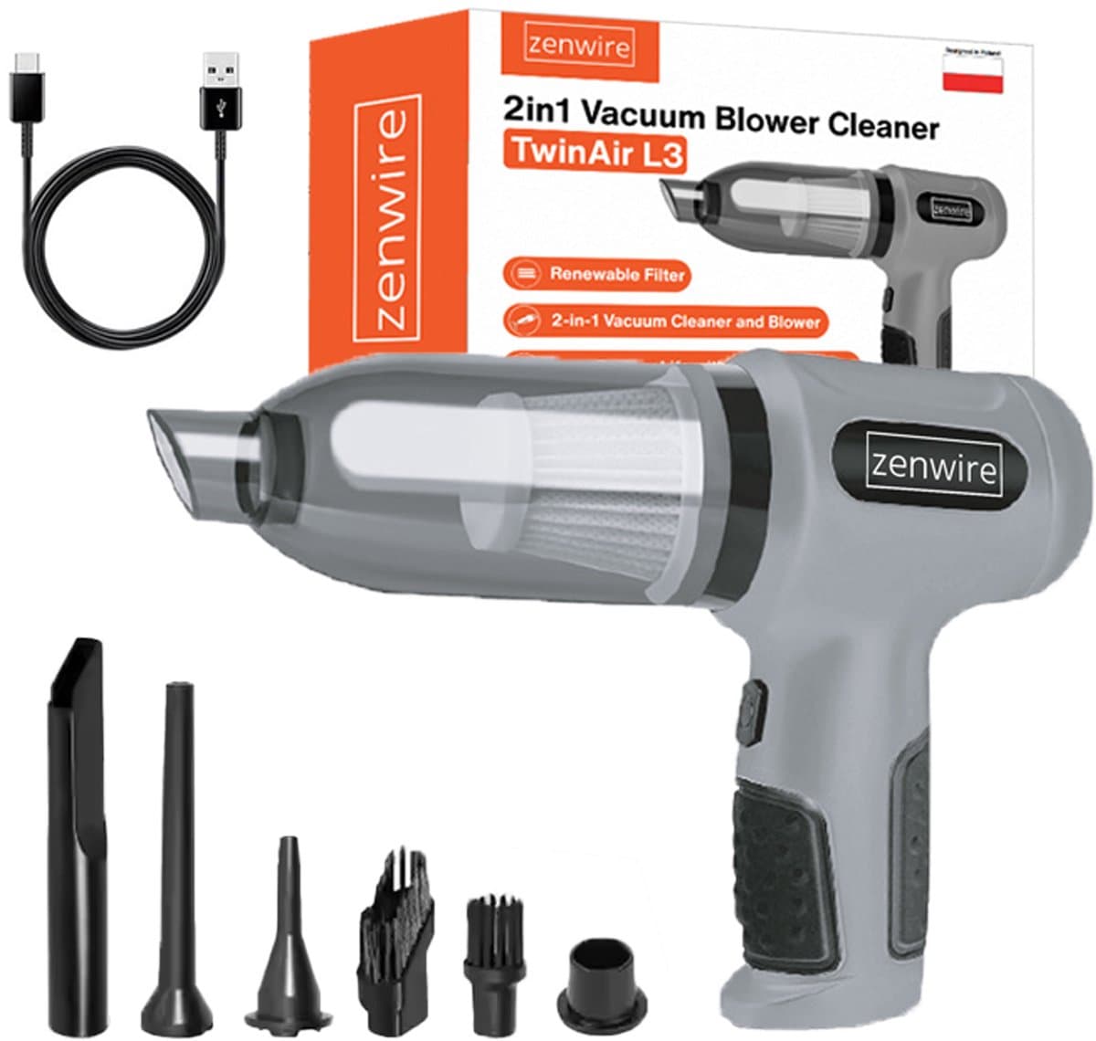 Zenwire TwinAir L3 - Kruimeldief Snoerloos - Air Duster - Draagbare stofzuiger - 2in1 - Functie van de blower - HEPA - Krachtige Handstofzuiger - Zuigen & Blazen - 6 verwisselbare opzetstukken - Kruimeldief - — afbeelding 1
