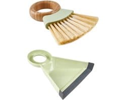 Mini stoffer en blik - Kleine bezemset - Bureau reinigen - Zachte borstelharen - 18 cm - Groen