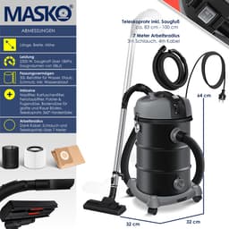 MASKO® industriële stofzuiger nat-droog roestvrij staal 2300W + stopcontact | blaasfunctie | droog en nat zuigen | Push&Clean | industriële stofzuiger met en zonder zak | zakloos - Antraciet — thumbnail 3