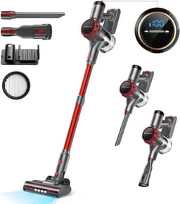 Draadloze Steelstofzuiger, Snoerloze Stofzuiger, Handstofzuiger 6-in-1, 300 W, 40 kPa, LED-display, Rood-Grijs, Steelstofzuiger met Accu, Anti-klit Borstel, H10 HEPA-filter, 5-laags Filtratie, voor Vloeren, Tapijt, Meubels en Auto — thumbnail 1