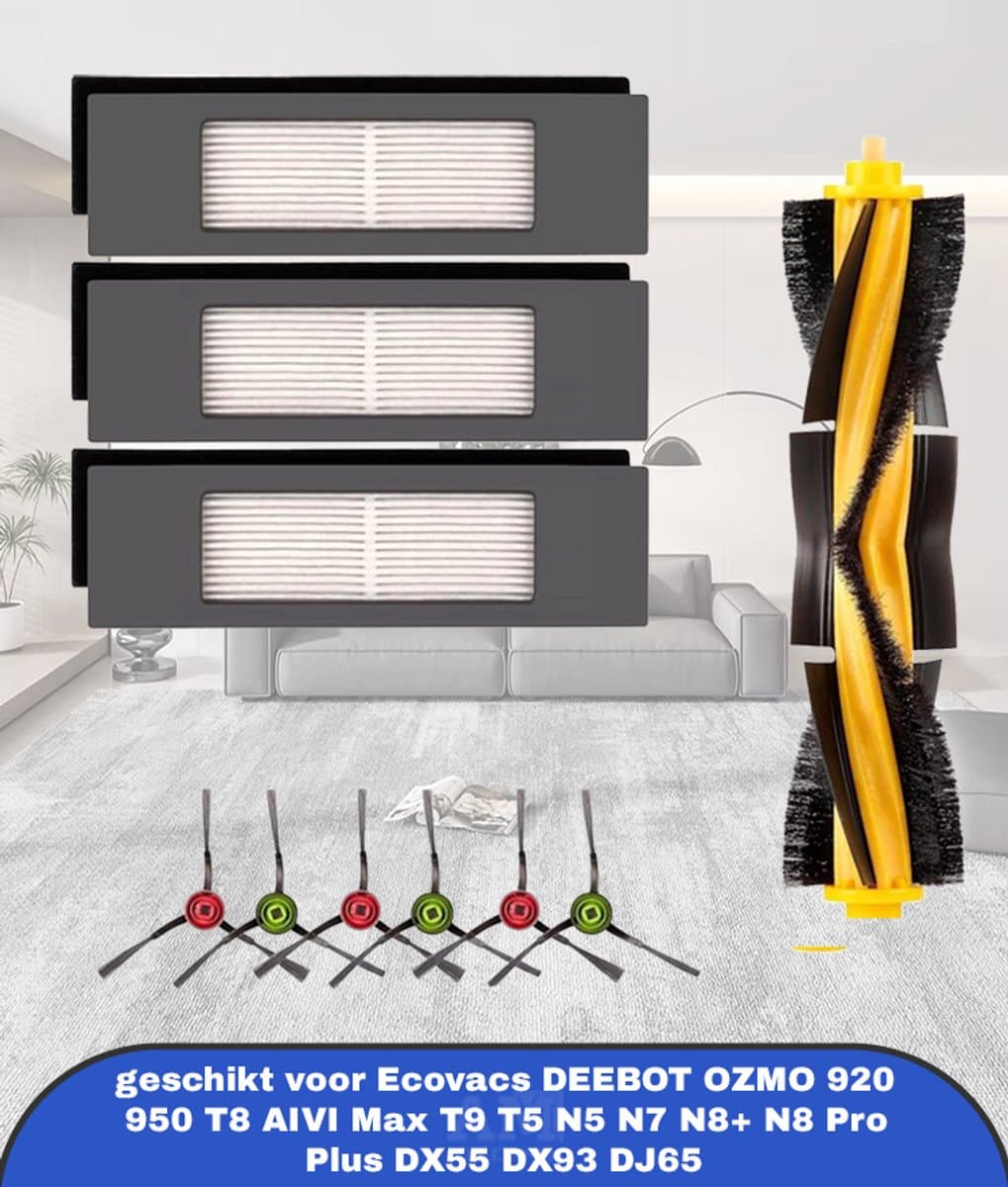 10-delige accessoirekit geschikt voor Ecovacs DEEBOT OZMO 920, 950, T8, T9, T5, N5, N7, N8+ en N8 Pro Plus robotstofzuigers. Set bevat 1 hoofdrolborstel, 3 HEPA-filters en 6 zijborstels voor onderhoud en goede reiniging. — afbeelding 1