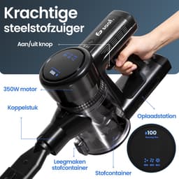 Steelstofzuiger G100 - 350W - Steelstofzuiger Draadloos - Stofzuiger Zonder Zak - 7-delige set met Buigbare Steel - 35kPa - Kruimeldief - Zwart - Saaf — thumbnail 2