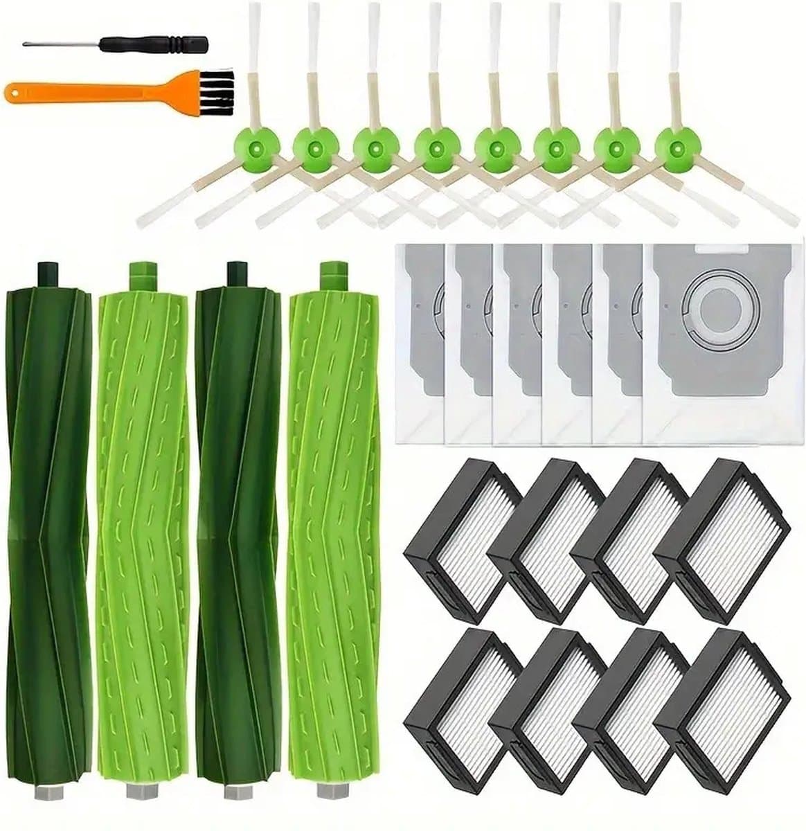 stofzuiger accessoireset XXXL geschikt voor iRobot i3, i3+, i7, i7+, i4, i6, i6+, i8, i8+, E5, E6, E7, (niet j7 , j7+), borstelaccessoires geschikt voor iRobot Roomba, 2 sets rubberen borstels,8 filters, 8 zijborstels, 6 Stofzuigerzakken — afbeelding 1
