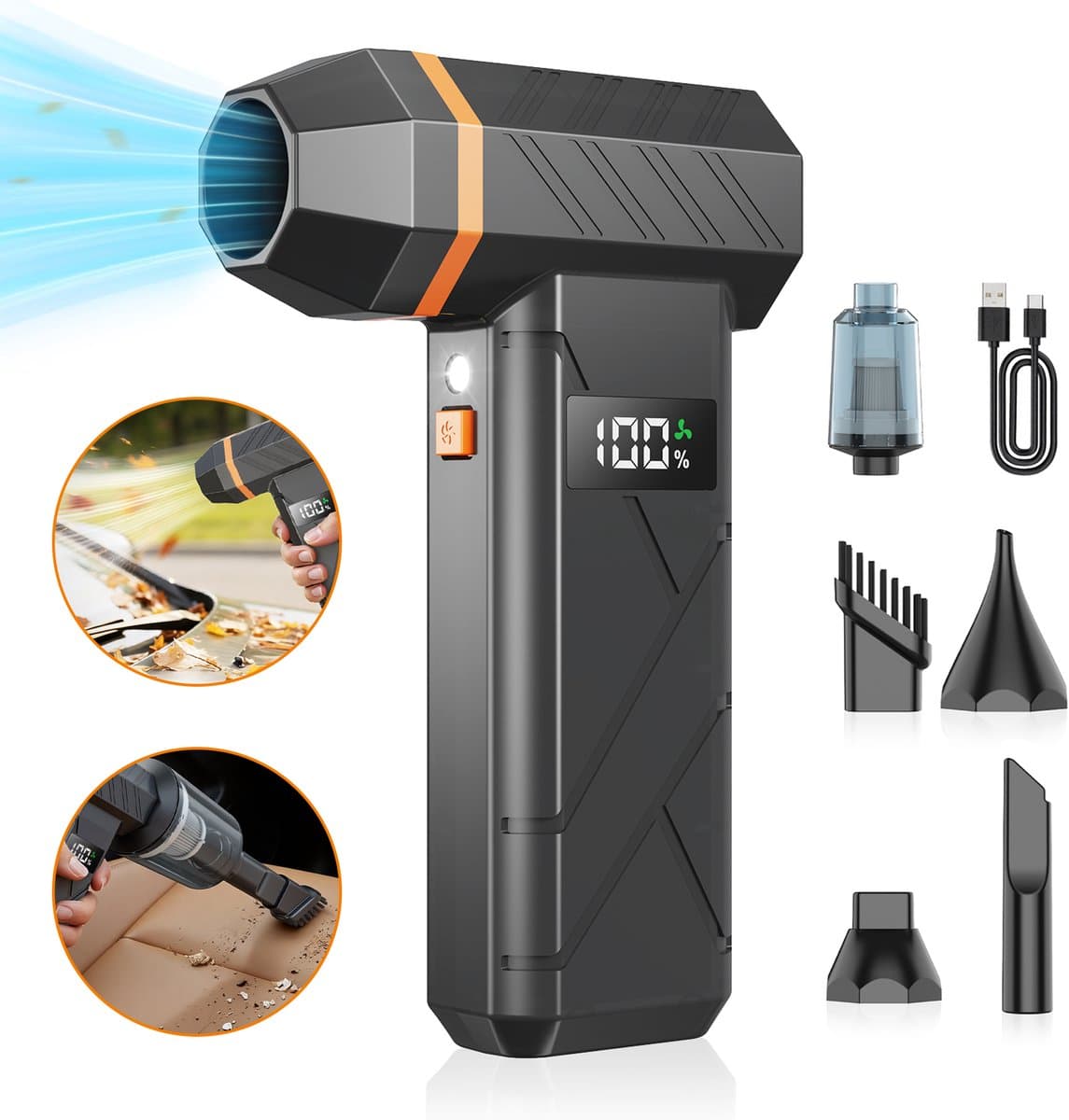 Grenintol - Elektrische Luchtblazer 2-in-1 - Draadloze Luchtblazer, Air Duster & Stofblazer - Mini Stofzuiger - 110.000 RPM - 4 Snelheden - 4000mAh Accu - Digitaal Display & LED Licht - Voor Computer, Auto, Thuis, Luchtbed, Bladeren en Sneeuw — afbeelding 1