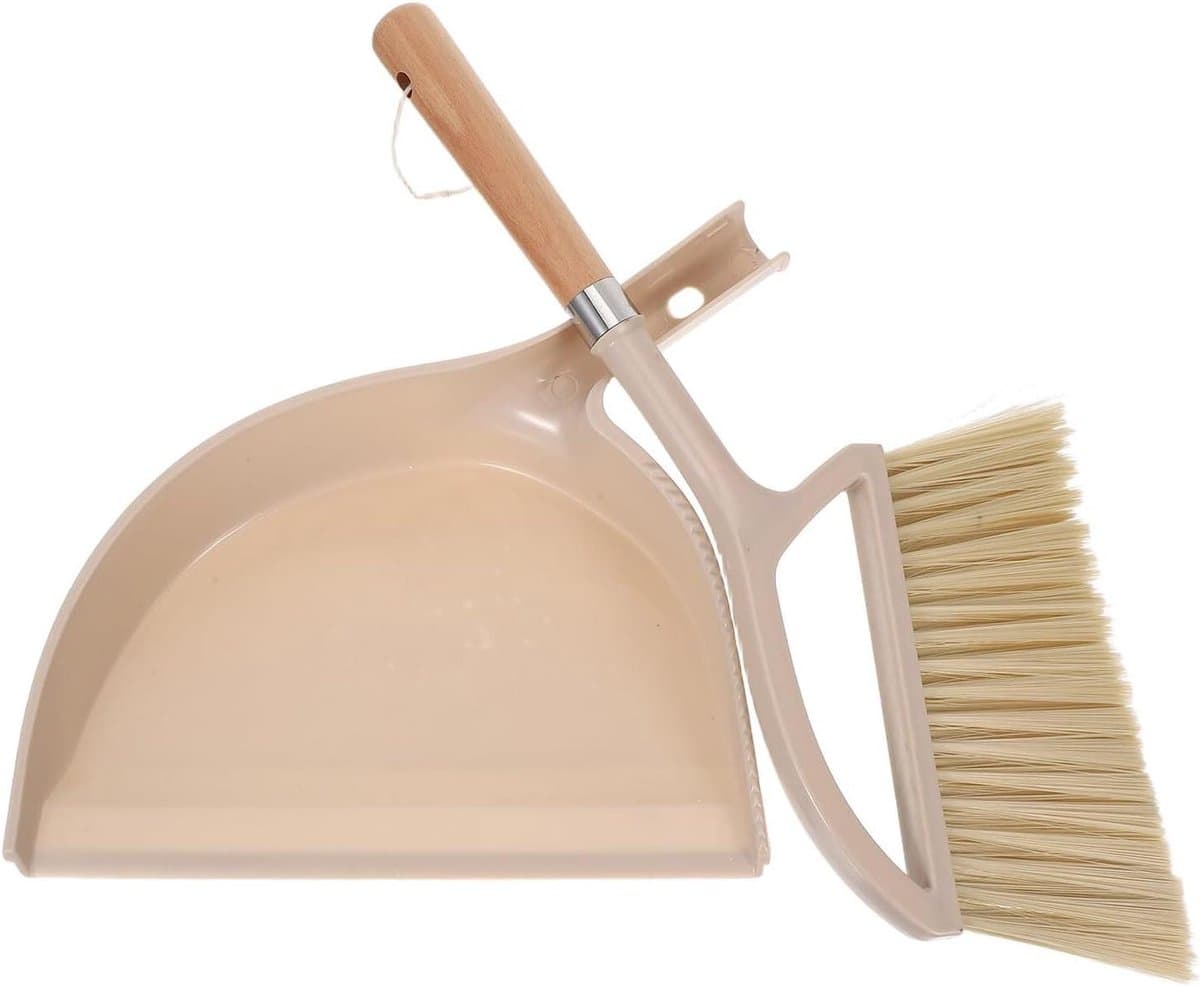 Handveger met steel - Kleine bezem - Bureau schoonmaken - Natuurlijk houten handvat - 30 cm lengte - Beige — afbeelding 1