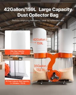 Stofafzuigsysteem, 2634,47 m³/u, 2,5 Micron Spaanafzuigsysteem, 3,0 Pk Zaagselafzuiging met Twee Stofzakken van 132,5 Liter en Twee Filterzakken van 159 Liter, 2800 Tpm, Non-Woven Materiaal — thumbnail 5