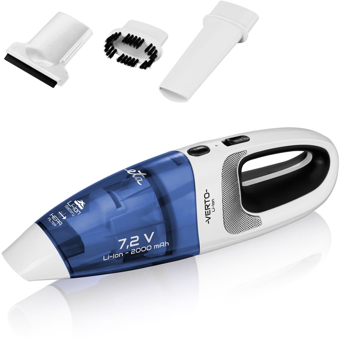 ETA Verto Kruimeldief voor Nat en Droog Vuil met Opzetstukken – Draadloos, Compact en Lichtgewicht – HEPA Filter – 500 ML en 120 ML – Wit / Blauw — afbeelding 1
