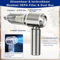 SNJY® Auto Stofzuiger - Kruimeldief - Handstofzuiger - Kruimelzuiger - 6 Opzetstukken - Zuigen en Blazen - 22000Pa - 120W - Grijs — thumbnail 2