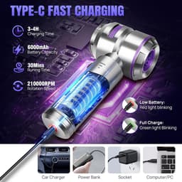 Sander Shop Mini Auto Stofzuiger,16000PA 4-in-1 snoerloze handheld stofzuiger met Brushless Motor Built-in 6000mAh batterij Type C Air Duster & Air Blower & pomp voor auto, kantoor-Zilver-paars — thumbnail 3